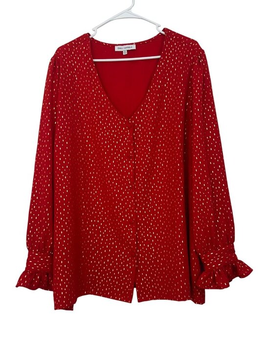 Emily Daniels Women Red Gold Polka Dot Blouse 2X Long Sleeve Ruffle Cuffs V-Neck - Picture 1 of 12